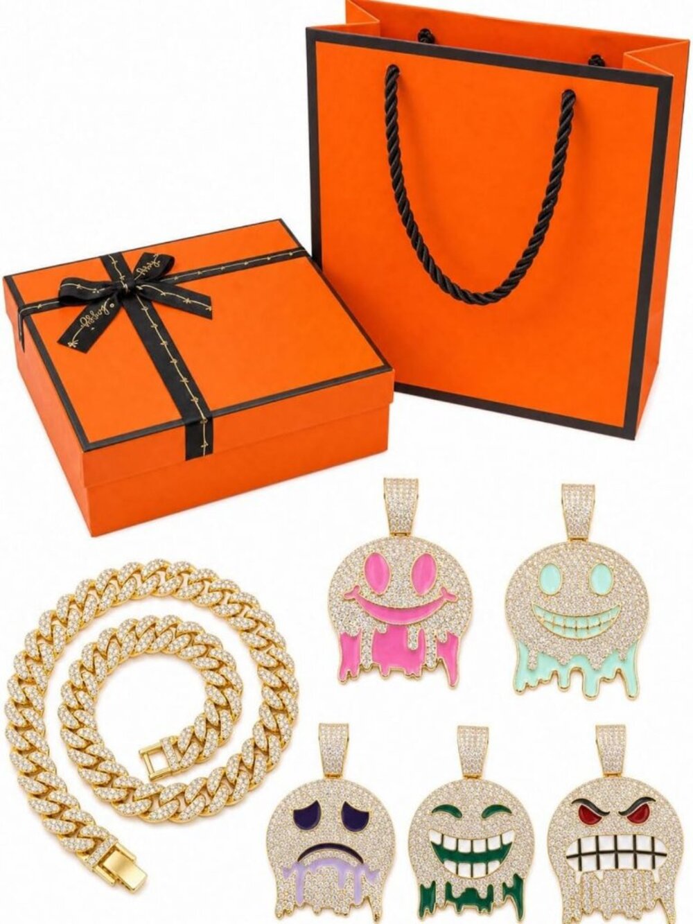 5-in-1 Mood Pendant Necklace Set with Iced Out Charms & Cuban Link Chain - Hip